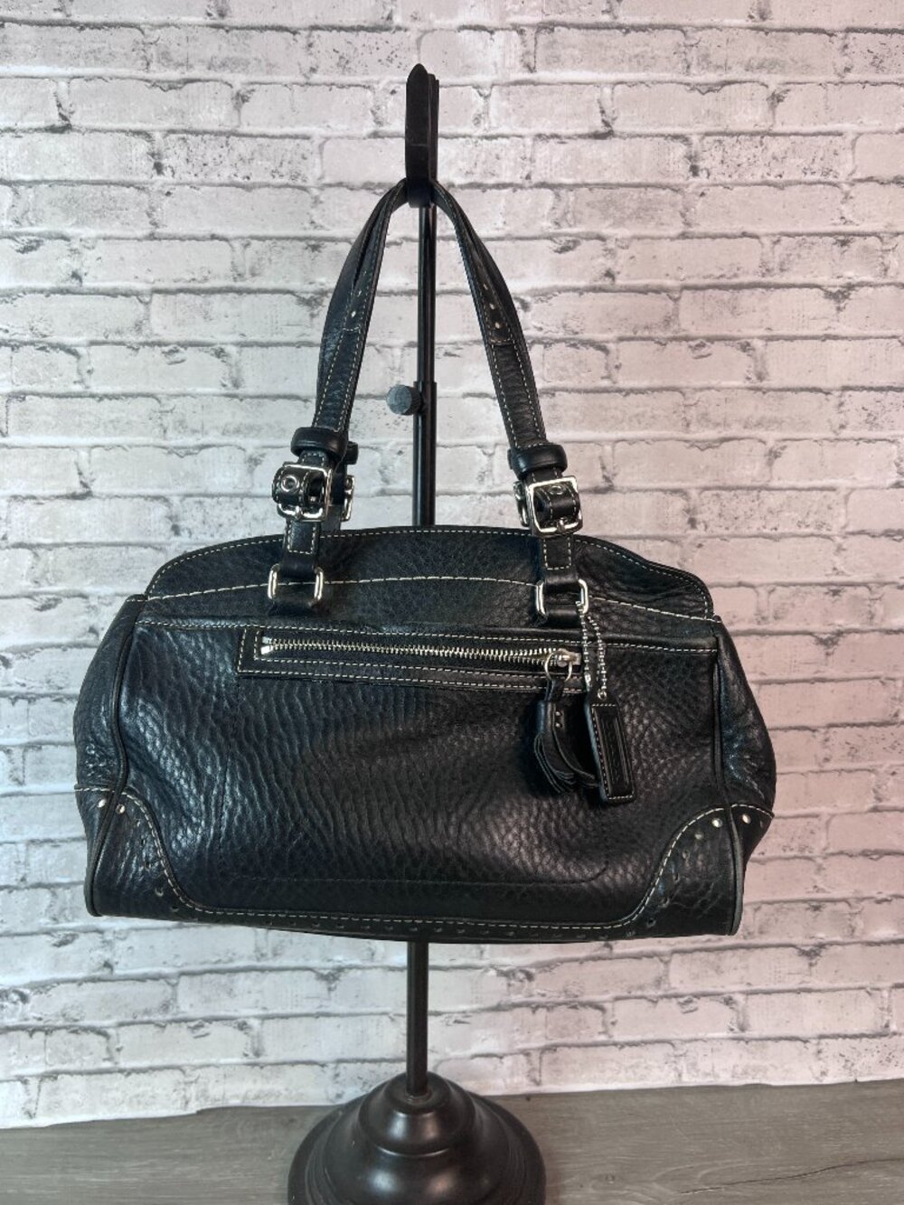 Coach 5031 Hampton Black Pebbled Leather Tassel Satchel Handbag